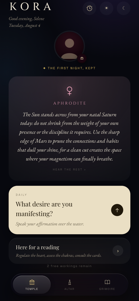 The Temple: your goddess reads the day against your chart